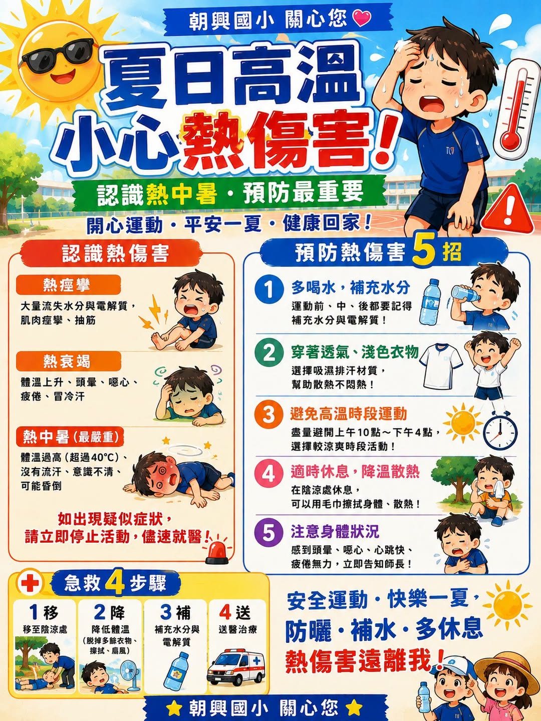 朝興國小夏日高溫小心熱傷害宣導海報:認識熱傷害與預防五招