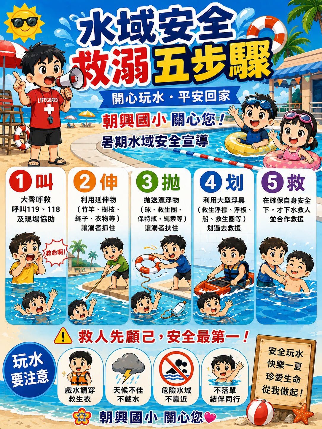 朝興國小水域安全救溺五步驟宣導海報:叫、伸、拋、划、救