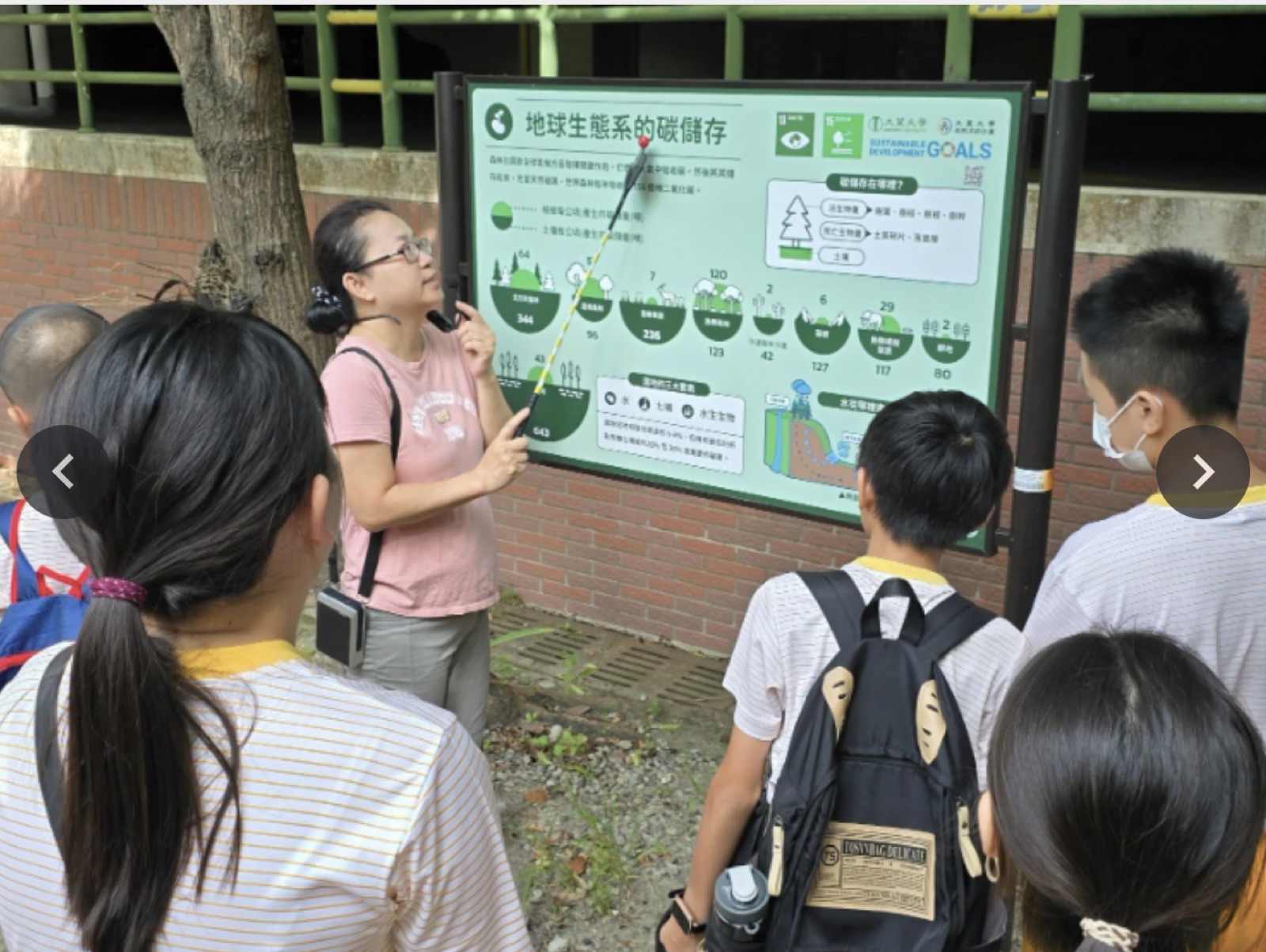 大葉大學老師向學生解說地球生態系的碳儲存展板