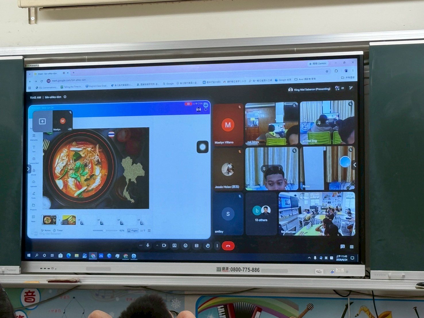Thai students present Tom Yum soup during the video call, with the full class grid visible