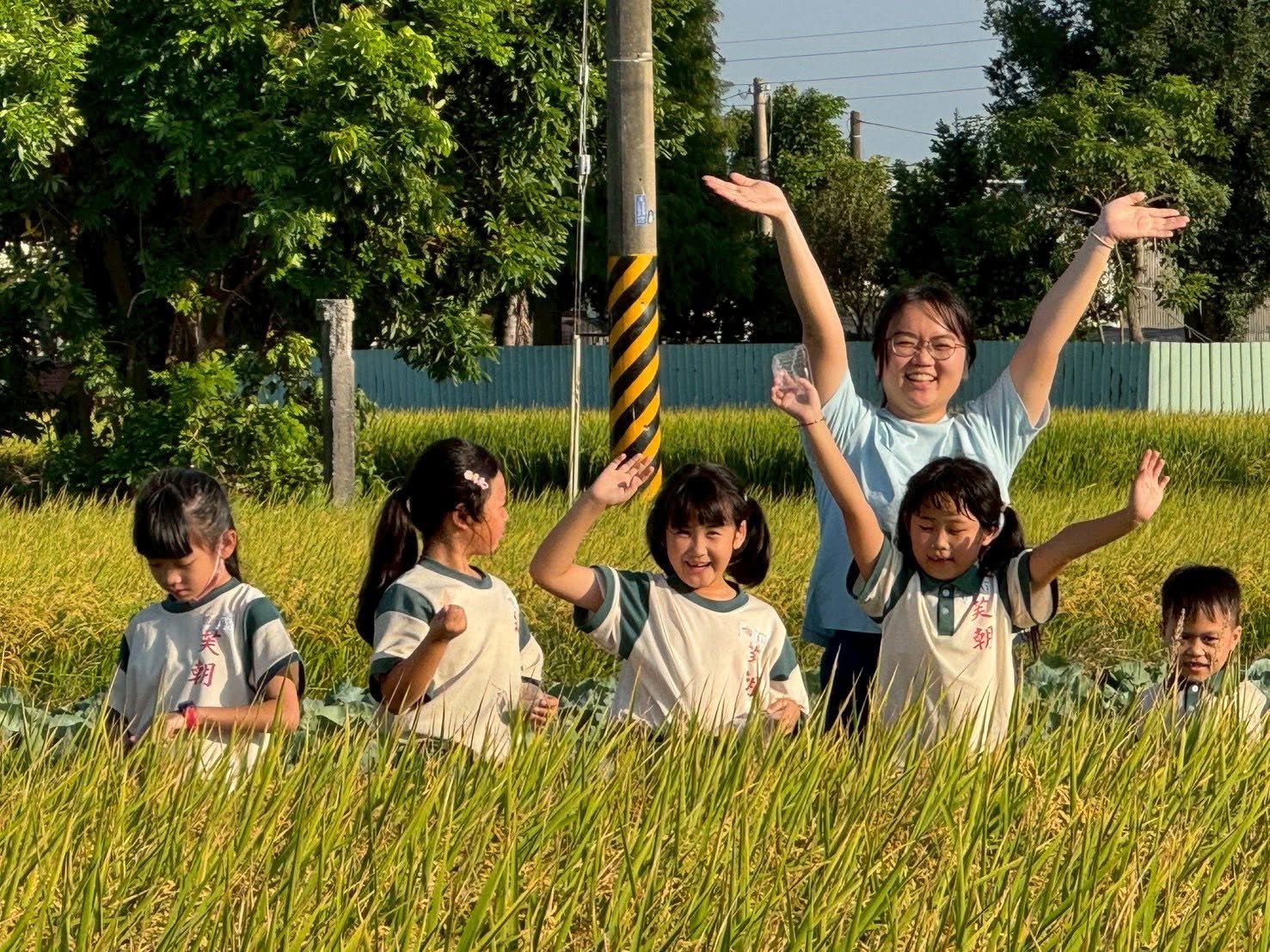 Fuchao Elementary students waving in a golden rice field