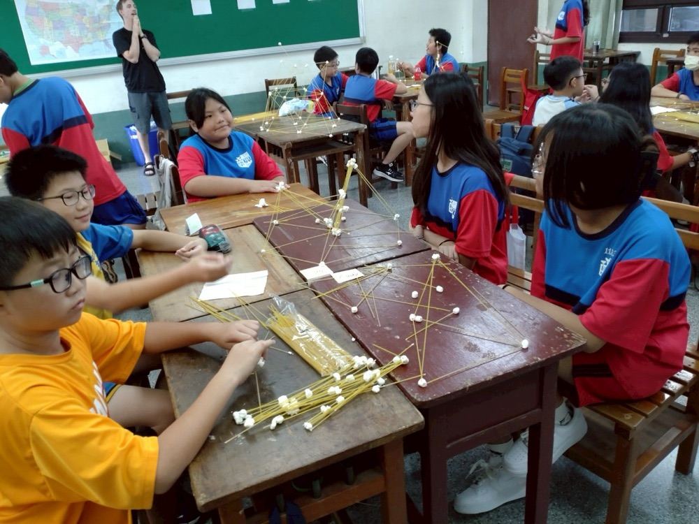 Students building a tower out of spaghetti and marshmallows at their desks