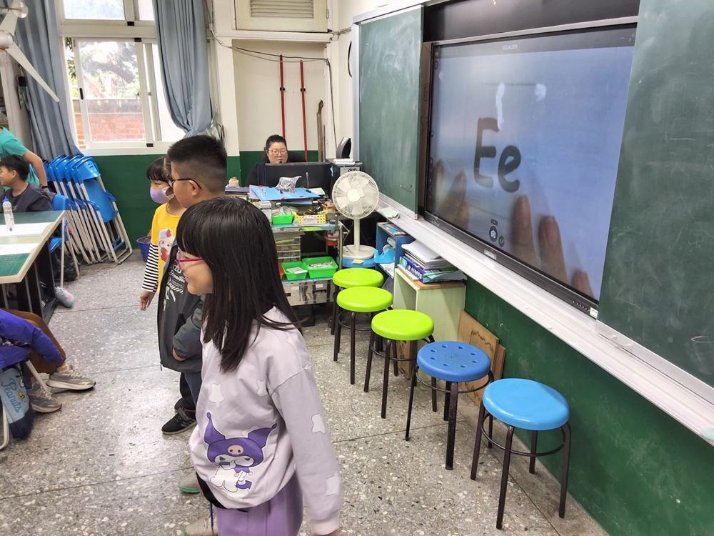Students working in small groups on English