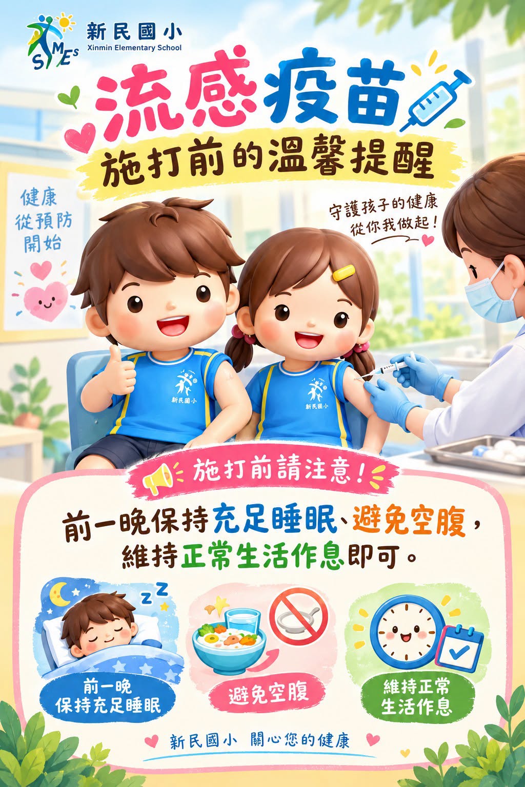 新民國小流感疫苗施打前的溫馨提醒海報