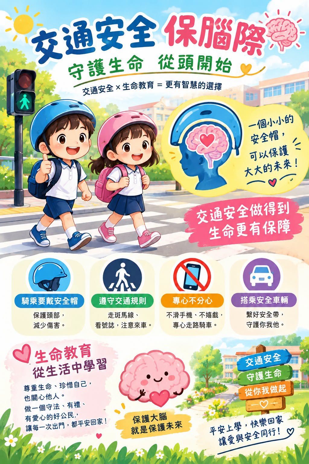 交通安全保腦際海報：守護生命從頭開始，戴安全帽、遵守交通規則、專心不分心、搭乘安全車輛
