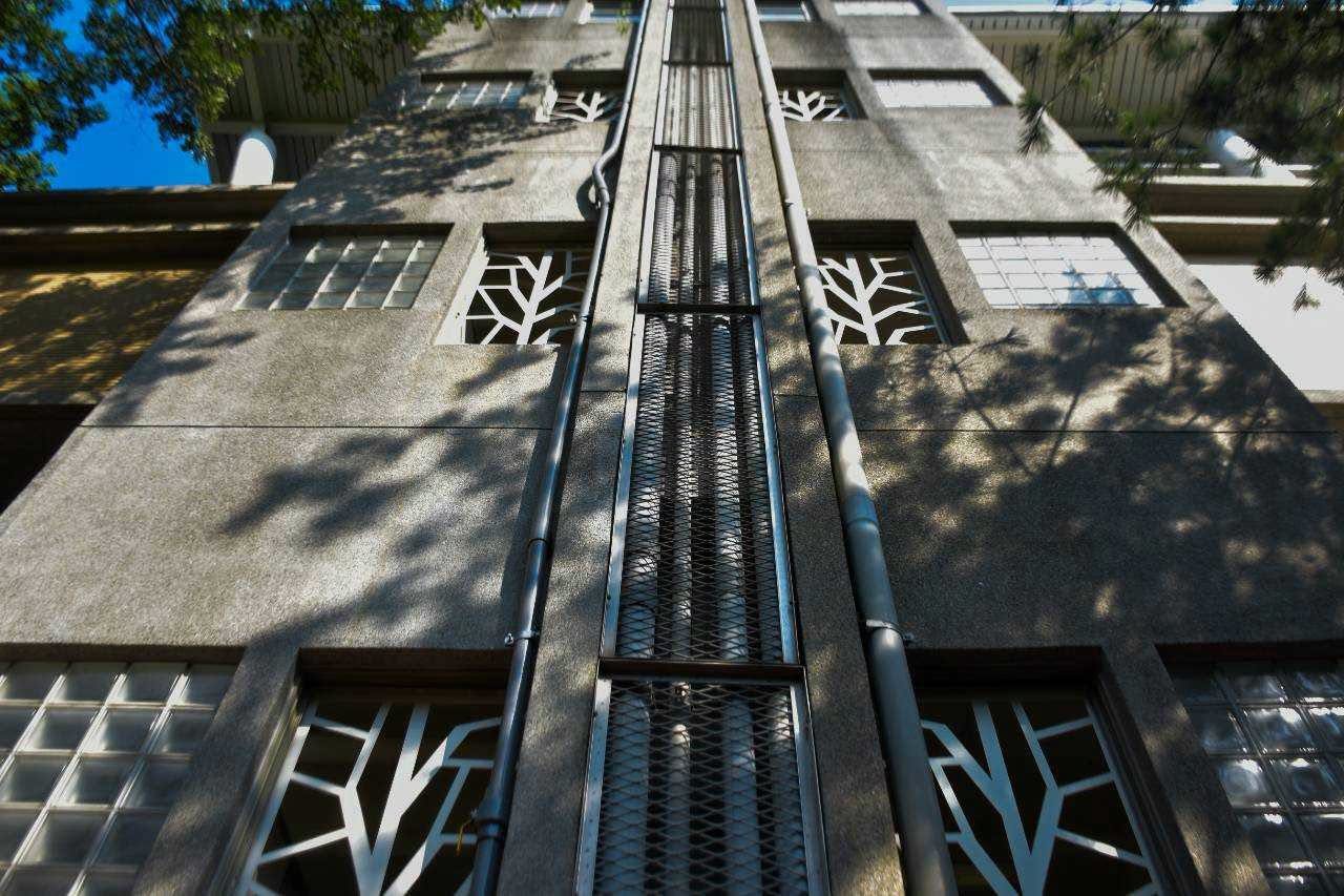 從F棟外牆仰望，一排排白色樹枝造型的鍛造鏤空窗櫺