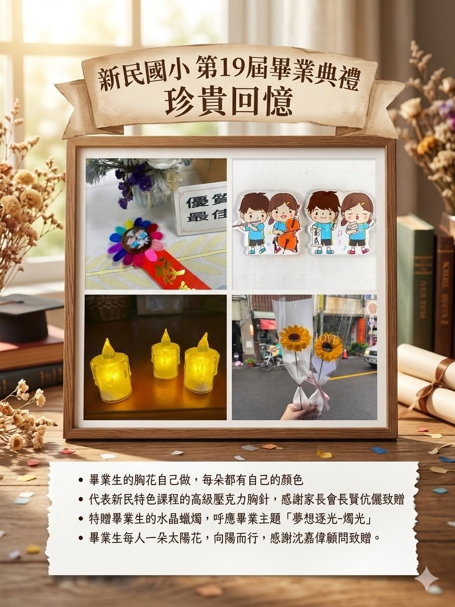 Hsinmin Elementary 19th graduation ceremony — precious memories: handmade corsages, acrylic pins, crystal candles, and sunflowers