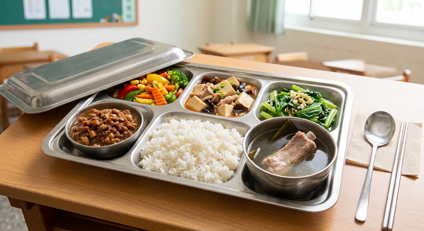 今日午餐餐盤：白米飯、肉燥、田園四喜、砂鍋豆腐、季節蔬菜與昆布排骨湯