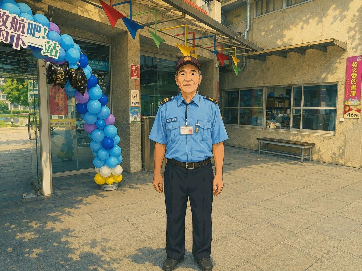 信義國中小警衛耿大哥於校門口留影 Hsinyi's security guard Uncle Geng at the front gate