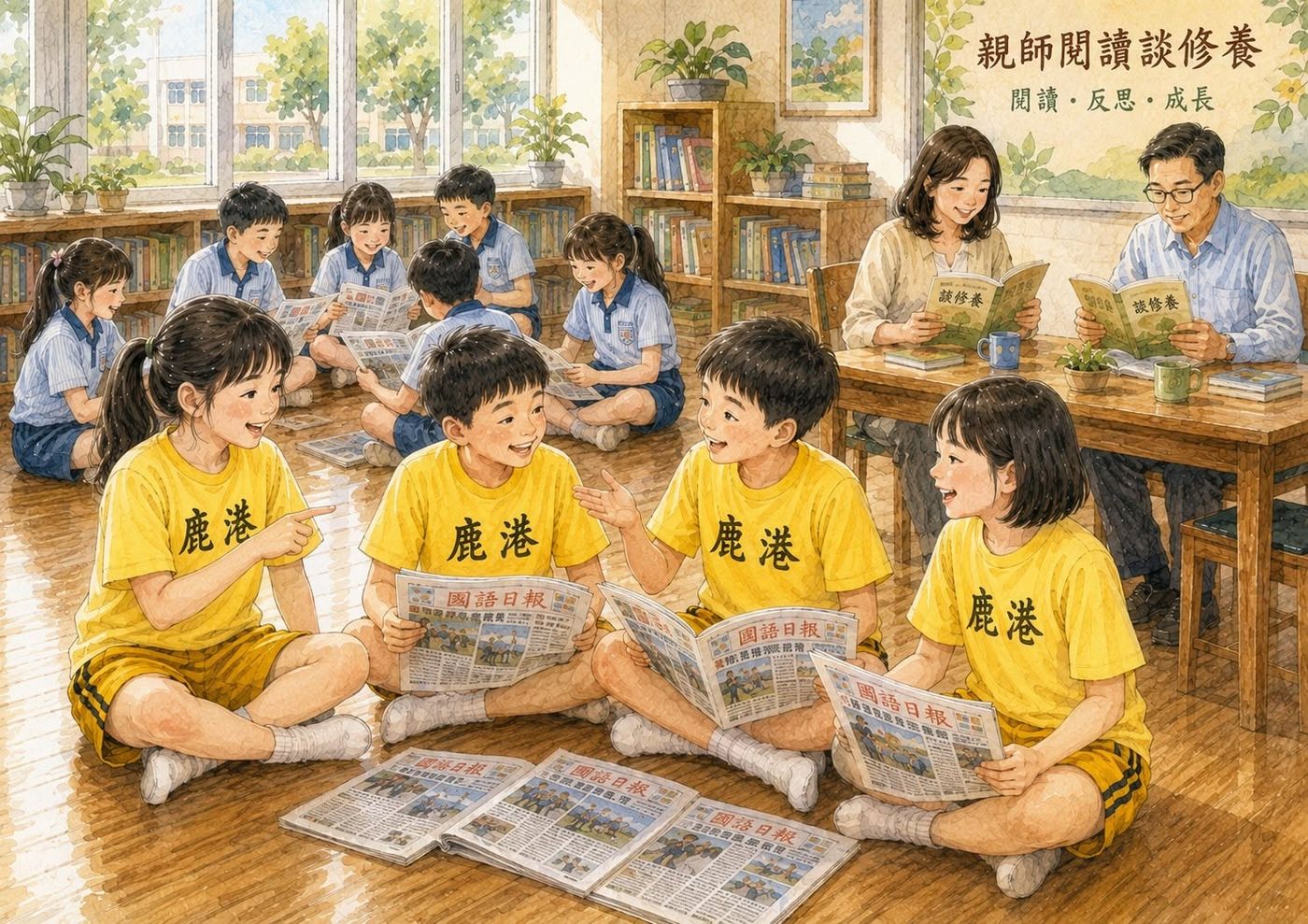 鹿港國小學生圍坐閱讀《國語日報》插畫