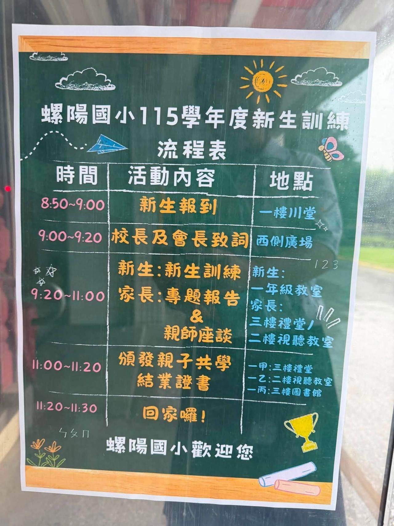 螺陽國小115學年度新生訓練流程表看板