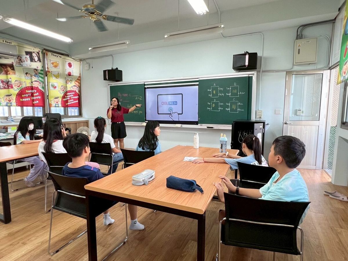 Students in a colorful classroom