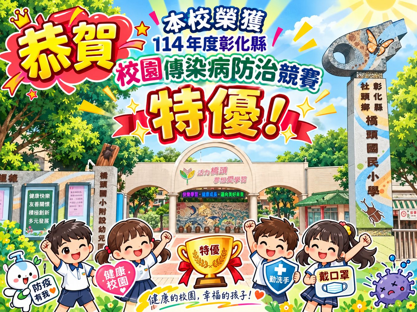 橋頭國小榮獲校園傳染病防治競賽特優的祝賀海報：插畫風格的校門與附設幼兒園，四個穿藍白運動服的孩子舉手歡呼，中央擺著一座金色獎盃寫著「特優」，左上角紅色爆炸框寫著「恭賀」，旁邊寫「本校榮獲 114 年度彰化縣校園傳染病防治競賽 特優！」，孩子手上分別拿著「勤洗手」「戴口罩」的牌子，左下角有一隻防疫吉祥物寫著「防疫有我」，下方寫著「健康的校園，幸福的孩子！」 A congratulatory poster for Qiaotou — an illustrated view of the school gate and kindergarten with four children in blue-and-white PE kit cheering, a gold trophy lettered 特優 in the middle, a red starburst reading 恭賀 at the top left beside the line 本校榮獲 114 年度彰化縣校園傳染病防治競賽 特優, children holding signs reading 勤洗手 and 戴口罩, a mascot at the lower left captioned 防疫有我, and 健康的校園，幸福的孩子！ along the bottom