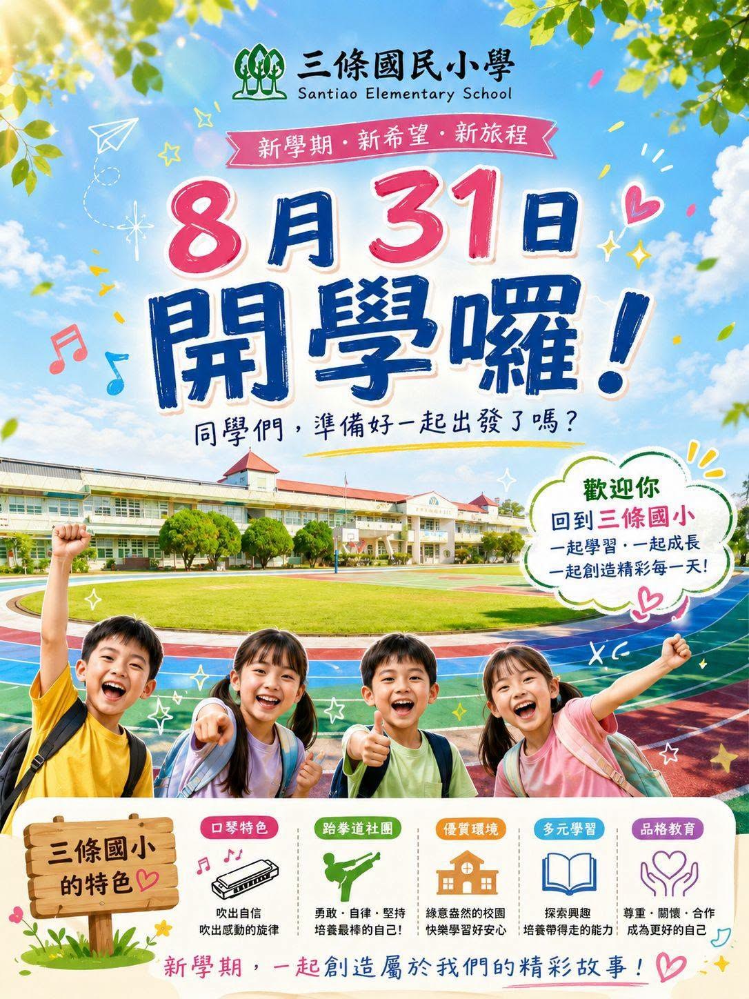 三條國小新學期開學宣傳海報：8 月 31 日開學囉