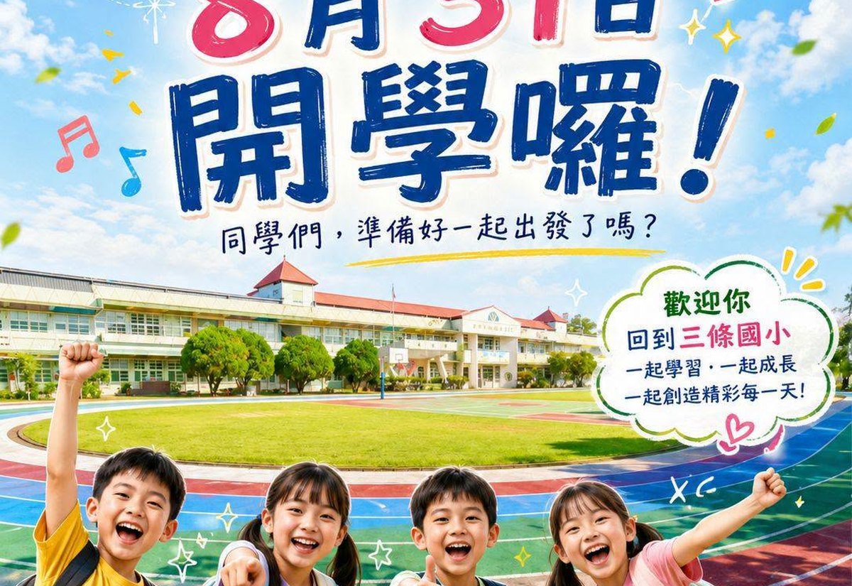 三條國小新學期開學宣傳海報：8 月 31 日開學囉