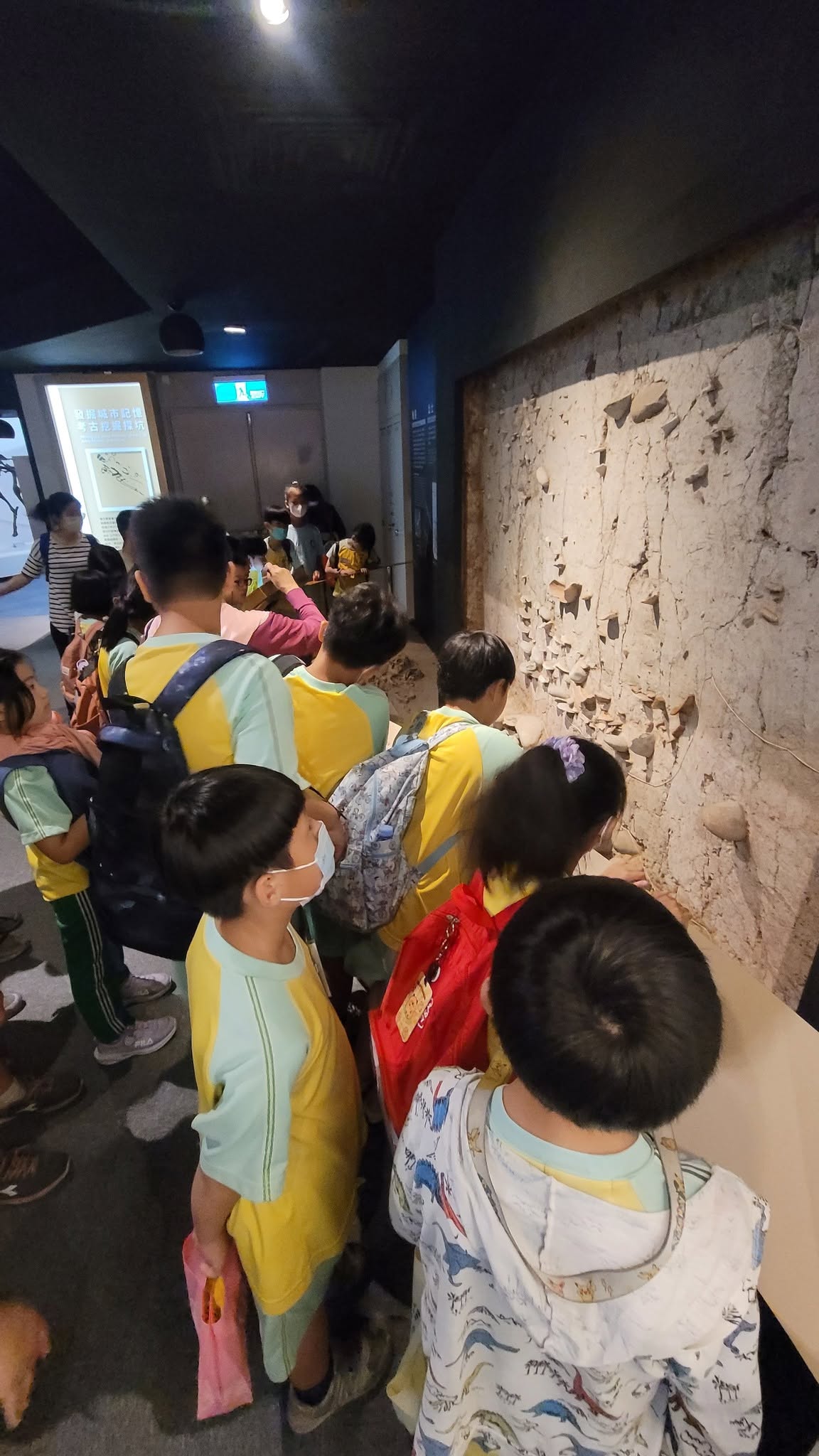 學生觀察考古遺址探坑牆面陶片