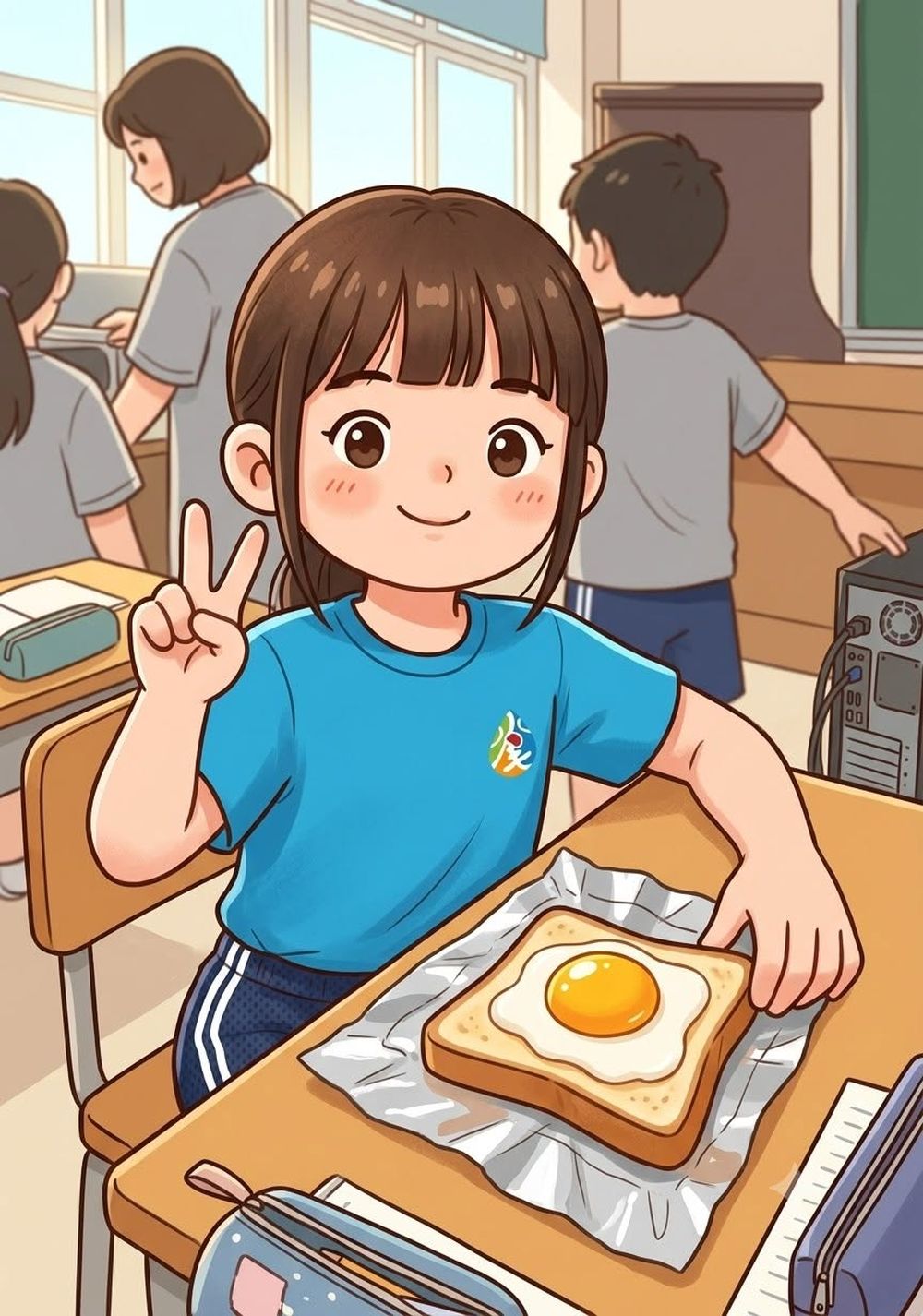 身穿藍色運動服的水尾學生在教室裡比出勝利手勢（插畫）