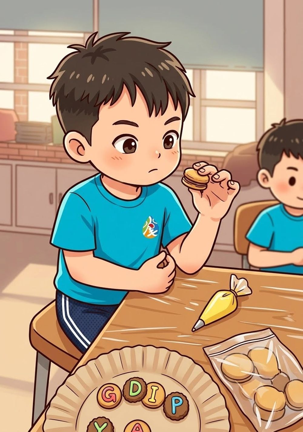 穿著藍色運動服的水尾學生在教室裡（插畫）