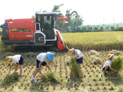 Siangtian students harvesting rice with a Kubota harvester behind them, banner reads 香田好米生態田