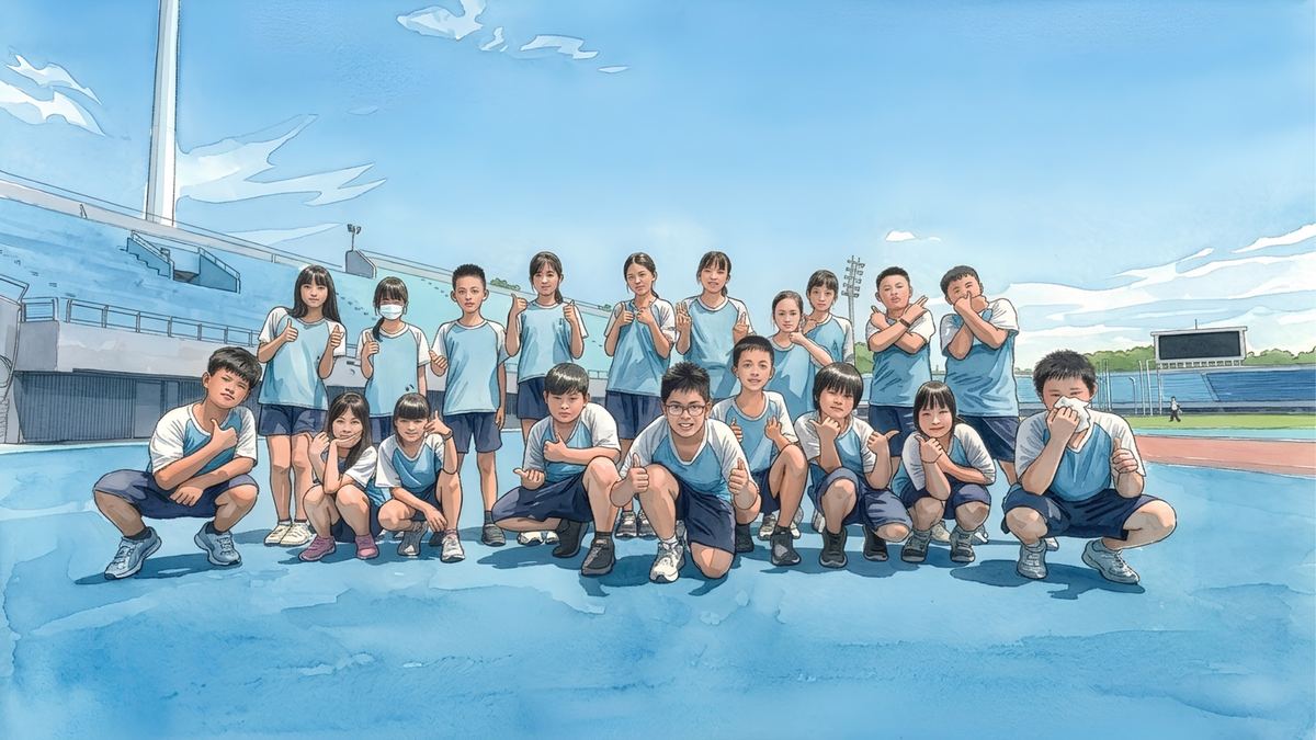Illustration of Sinbao students together on the school field · 新寶學生團隊插畫示意