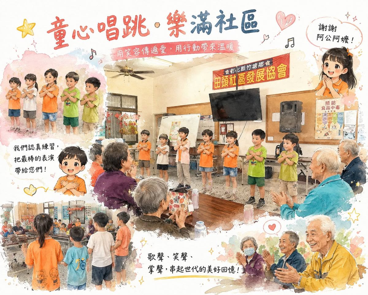Illustrated scene of children singing and dancing for the community elders