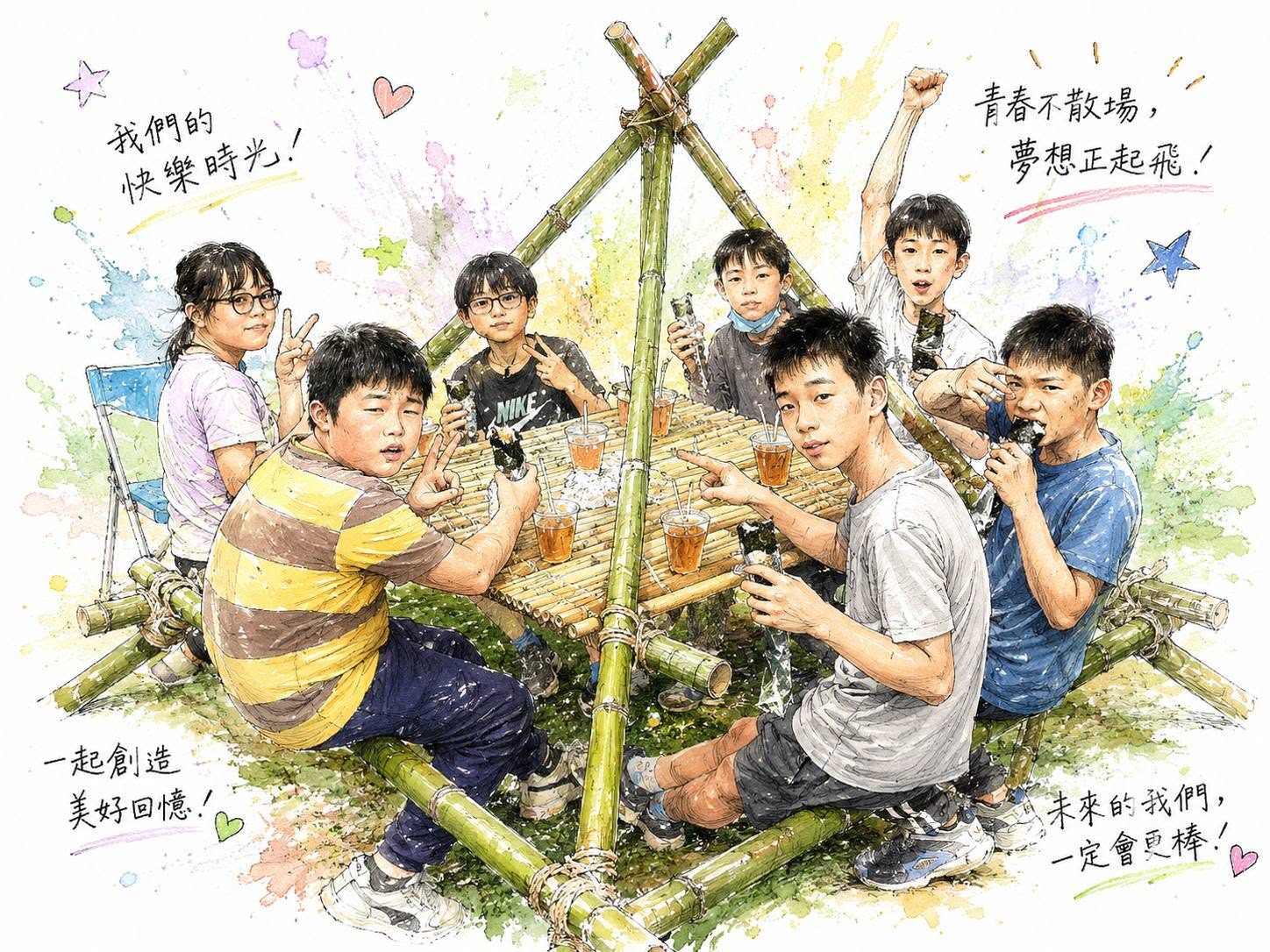 Illustrated artwork of students sharing lunch at the bamboo table they built