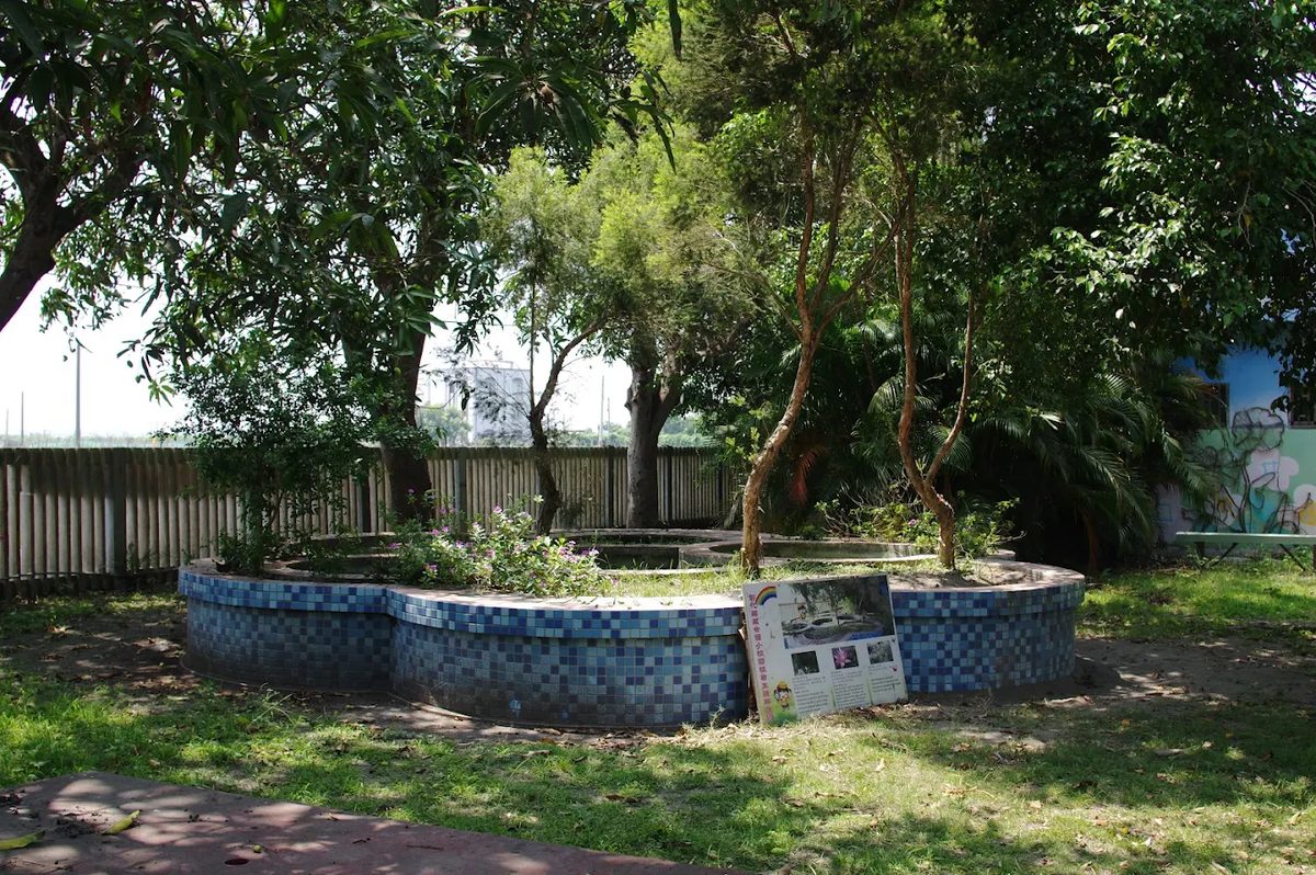 萬合國小校園裡的生態池：藍色馬賽克磁磚砌成的曲線水池，池中種著水生植物與開花的小灌木，四周是芒果樹與雜木的樹蔭，池邊立著一塊生態解說看板 The ecology pond at Wanhe — a curving basin faced in blue mosaic tile, planted with water plants and small flowering shrubs, shaded by mango and other trees, with an interpretation board propped against its rim