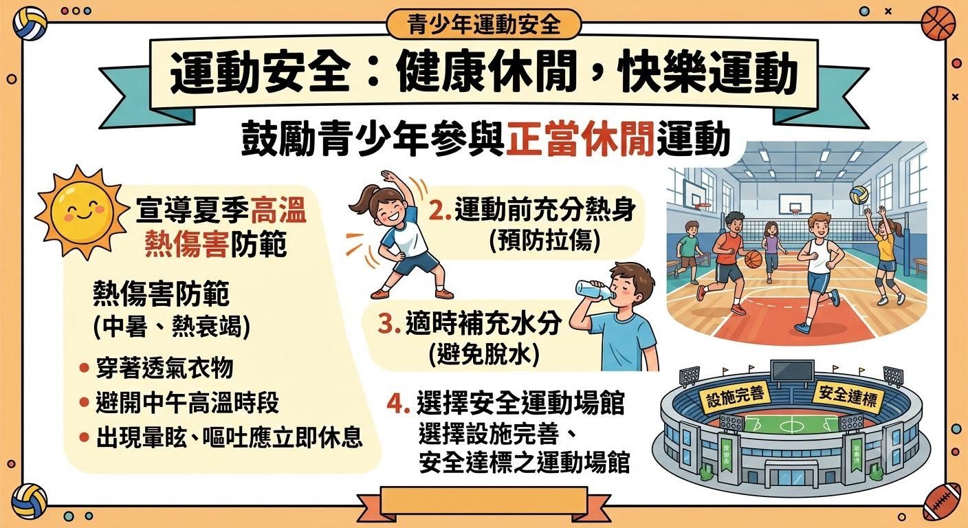 Sports-safety notice: warm up, hydrate, choose a safe venue