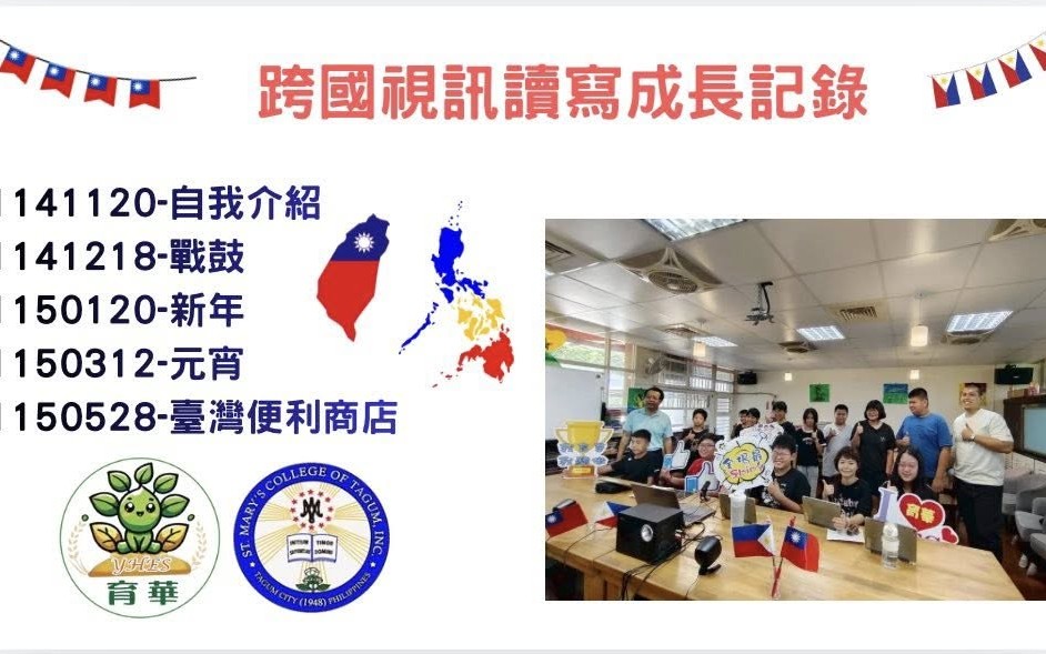 Summary graphic of Yuhua's five video sessions with St. Mary's College of Tagum, showing the session topics, both school crests, and a whole-class group photo