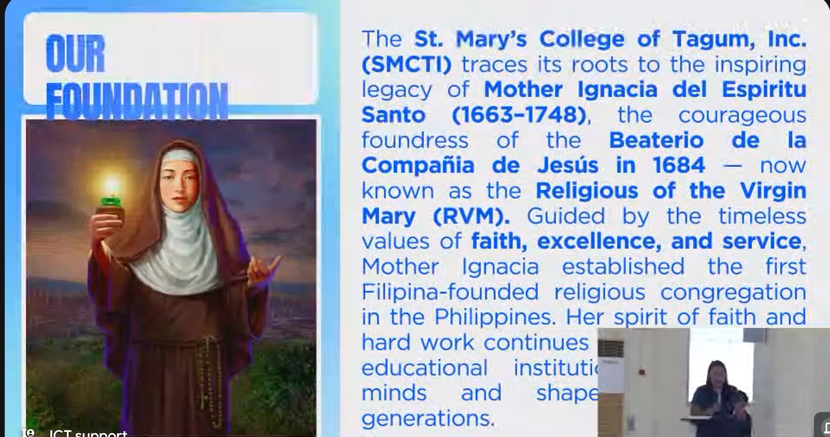 A presentation slide titled Our Foundation describing the history of St. Mary's College of Tagum and Mother Ignacia